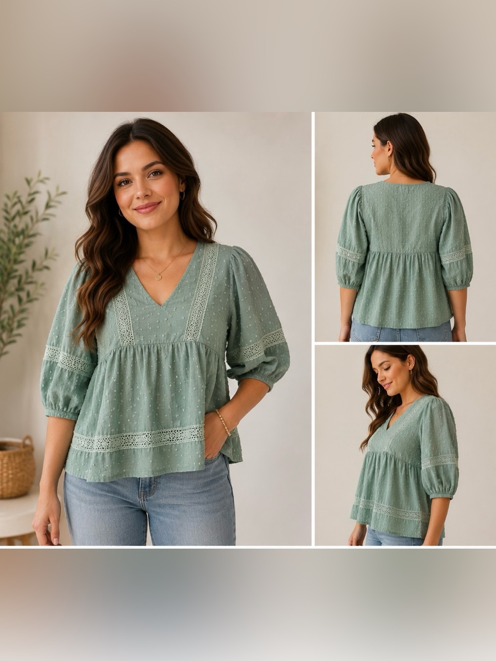 In Loom 100% Cotton Sage Green Swiss Dot Lace Trim Babydoll Blouse Size M